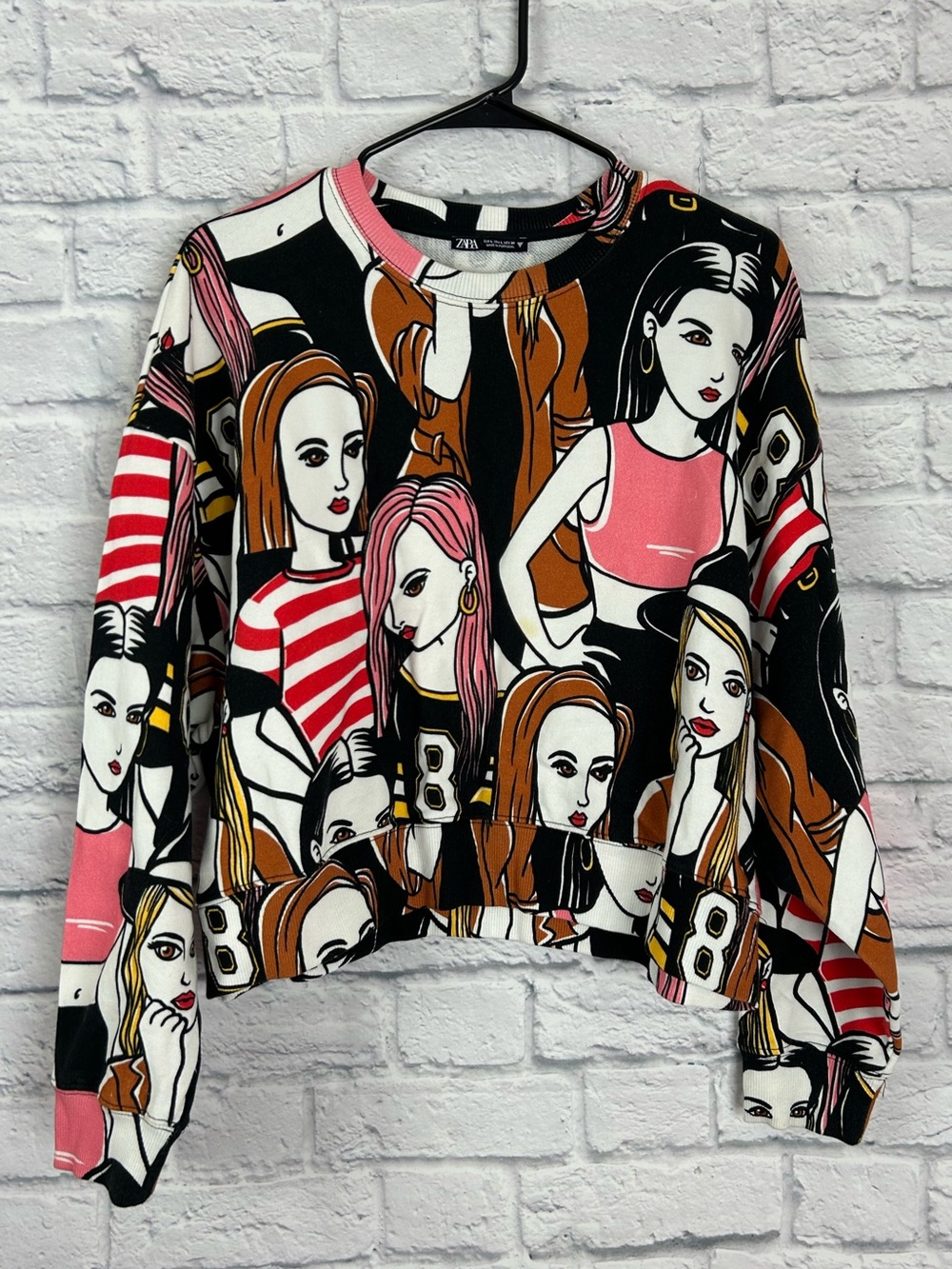 Zara Woman Graphic Girl Print Cropped Sweatshirt Oversized Size L Portugal